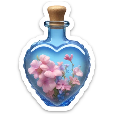 Antique oil heart bottle made of crystal glass of gentle colors of the blue and pink, a living flower fairy sits at the bottom of the bottle sticker