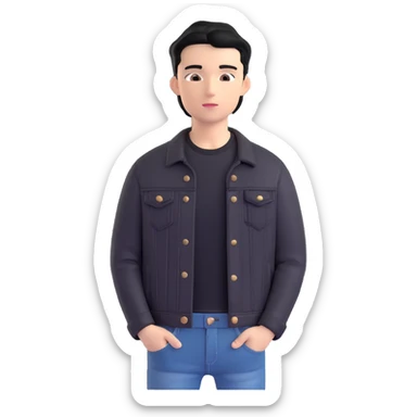 3D emoji Microsoft style, young man with black hair, wearing black t-shirt and black denim jacket, photo reference sticker