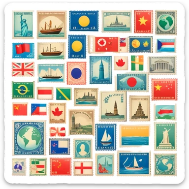 Icon for Stamp Collecting: a collection of vintage and colorful stamps arranged in an album or on a desk, showcasing various countries and themes. The icon should reflect the charm and history of philately. Transparent background. sticker