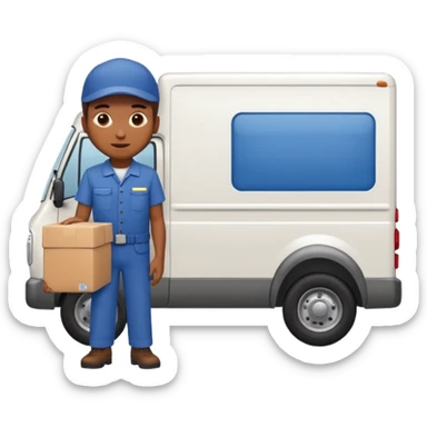 emoji of delivery truck with empty cargo area and a delivery man is standing nearby in waiting pose, dressed in work uniform sticker