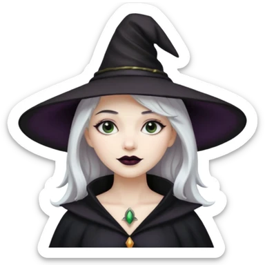 White hair pale skin woman with black lipstick wearing a witch hat sticker