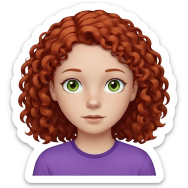 pale white teen girl with light blueish green eyes and freckles with brownish red curly middle part hair and purple shirt sticker