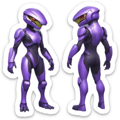 A purple Reptile-Raptor-Alien-Genesect-Mewtwo-Fakémon, with a futuristic visor-helmet, wearing a techwear-suit, Full Body sticker