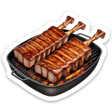 Cinematic juicy grilled ribs, glistening with smoky barbecue sauce, charred edges, tender meat falling off the bone, sizzling on a hot grill, mouthwatering and rich, warm and inviting, ultra-realistic and delicious. sticker