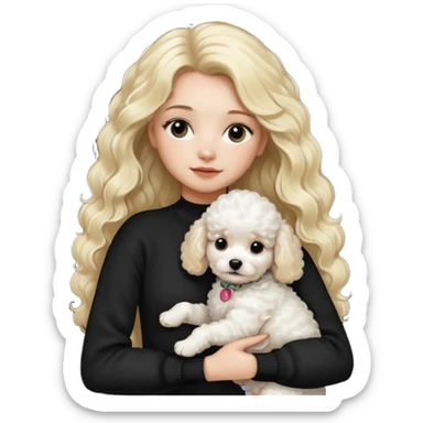 blonde girl with long hair in a black sweater holds a Poodle puppy in her arms sticker