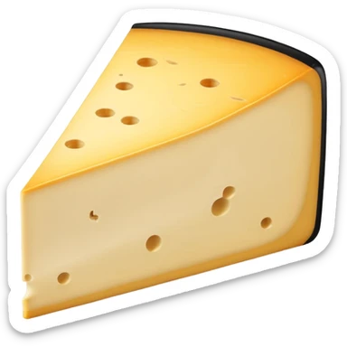 Morbier cheese wedge, pale yellow semi-soft interior, thin black ash stripe in middle, smooth elastic texture, glossy surface, beige natural rind, soft lighting, subtle shadows, emoji scale sticker