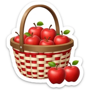 woven basket with apples on a white wooden chair. The basket is lined with checkered cloth sticker