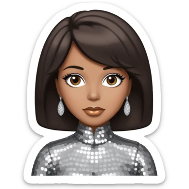 Cindy Birdsong from The Supremes with dark brown hair, silver outfit sticker
