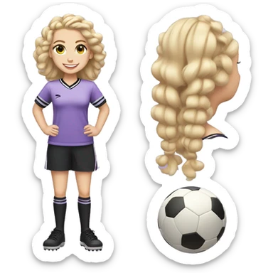 BLONDE GIRL WITH LONG HAIR, WHITE COMPLEXION WITH CURLERS, PLAYING FOOTBALL SMILING WITH BRAIDS, WEARING A LILAC AND BLACK T-SHIRT WITHOUT STRIPES, FULL BODY WITH A BALL sticker