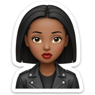 Gorgeous woman shiny black baby gairhair no eyebrows leather jacket Alluring black woman wide nose bald head big glossy lips sticker