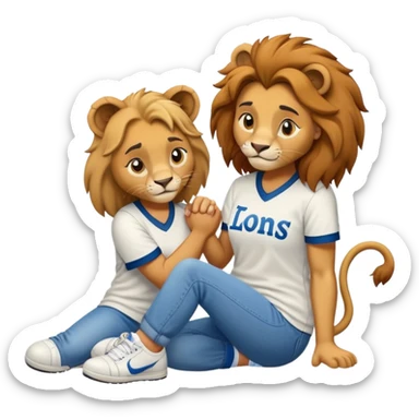 friendly anthropomorphised female lion wearing a baseball shirt, jeans, and trainers, on her hunches, comforting a friend sticker