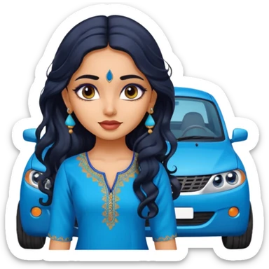 a pretty indian bratz girl with wavy long black hair, wearing a blue kurti, eyeliner on, indian auto behind her sticker
