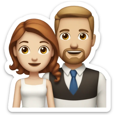 a white man with blue eyes, medium length light brown hair, goatee, and a girl with dark red hair, brown eyes, married sticker