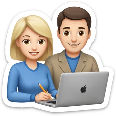 a middle aged man and a womanlooking at laptop and writing and smiling sticker