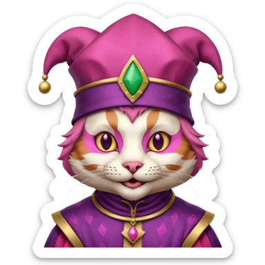 court jester cat medieval, single poker card joker clearly visible, pink, face only, court jester cap sticker