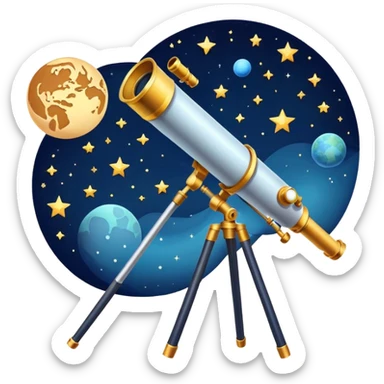 An icon featuring a telescope, stars, and a planet, symbolizing astronomy. The design includes a crescent moon, distant galaxies, and constellations, representing the study of space and celestial bodies. Transparent background highlights the exploration of the universe and cosmic phenomena. sticker