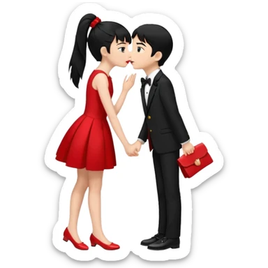 Make a girl has 18 years old black ponytail red dress, red flat and a boy has 19 years old black hair black tuxedo black shoes boy and girl kiss sticker