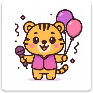 cute cartoon-style male tiger mascot with neotenic features: large round head, big shiny eyes, small nose and mouth, short arms and legs, chubby body, smiling happily, standing upright, wearing a purple and fuchsia vest or shirt, holding both balloons and a microphone, surrounded by soft party elements like confetti, bold outlines, soft colors purple to fuchsia gradient, gold accents, white, clean vector style, extremely cute, evokes tenderness, plain white background sticker