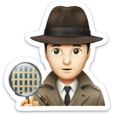A colorful collage featuring iconic detective elements—magnifying glass, a fedora hat, a cigarette, a shadowy figure, and a mysterious city backdrop, a board with photos of suspects. Include subtle clues like fingerprints or a crime scene. Retro movie poster style. Transparent background. sticker