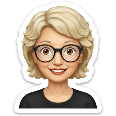 woman 70 years old, short blonde weavy hair, brown eyes and round dark glasses sticker