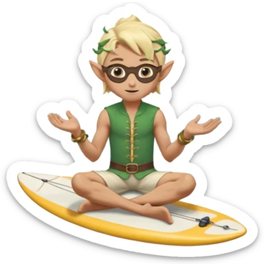 elf male legolas sitting on surfboard (ashore), hands manipulating two orbs of swirling seawater giving a "massage" to his own shoulders, wearing relaxed linen shorts over swimwear, tinted elven sunglasses, pointy ears, content expression, centered emoji sticker