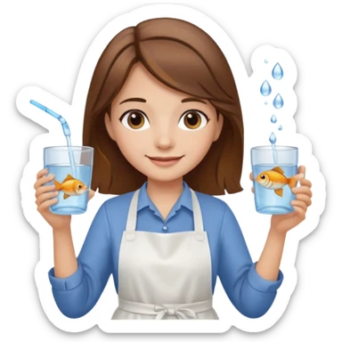 A girl with brown hair wearing an apron and holding a fish and a cup of water in another hand sticker