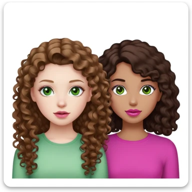 A girl with curly light Brown long hair with pale skin and pinks lips with green eyes. Next tò her there's a girl with long dark Brown hair with tan skin, Brown eyes and dark Pink lips. They both have a White top.  sticker