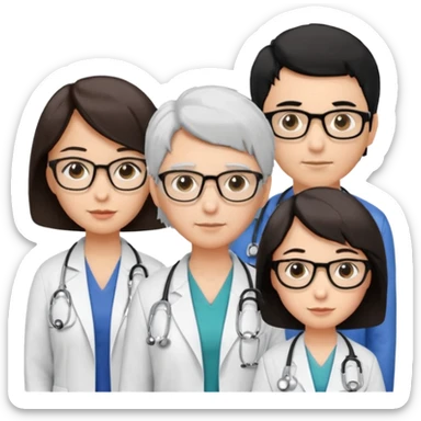 Create four doctors grouped together. Place a female doctor with dark brown short bob hair prominently in the front. Behind her, include:

a doctor with white hair wearing glasses,

a young male doctor with black hair and no glasses,

and a female doctor with black short bob hair wearing glasses. sticker