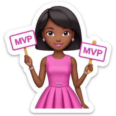Black barbie, short  black bob  hair, pink dress with a sign that says mvp sticker