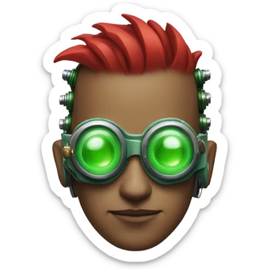 Male cyborg with thin red Mohawk and green steampunk goggles sticker