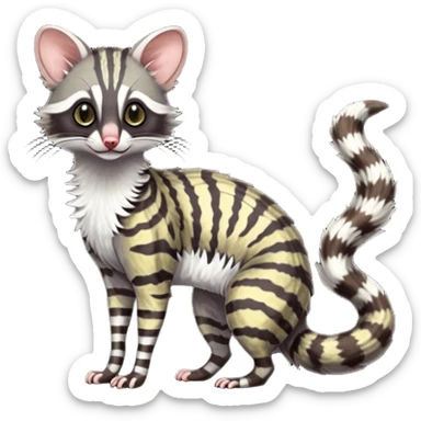 Feral Rare Fantasy shaded detailed colorful Genet-Possum-Trico-Civet-Cacomistle-Margay-species by LiLaiRa,, with white stripes with dark-blackish points, white belly, random markings, tufted tail, tufted ears, full body sticker
