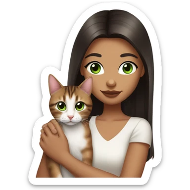 A girl with green eyes and dark brown straight hair, and makeup nude lipstick  and eyelashes, slightly tanned, oval light pink fingernails ,white top, holding a brown tabby cat with green eyes  sticker