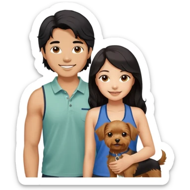A pretty Asian girl with long, luscious wavy black hair (loose, no hair tie), wearing a sleeveless halter top, standing beside a brown skinned man with a middle part haircut who is wearing a polo shirt. They are both smiling and holding a small Yorkshire Terrier together sticker