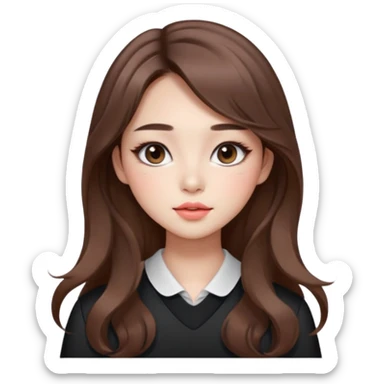 “korean straight brown hair Emoji girl, soft eyeliner and blush, gradient lips, light brown shimmer eyeshadow, long wavy hair,  sticker