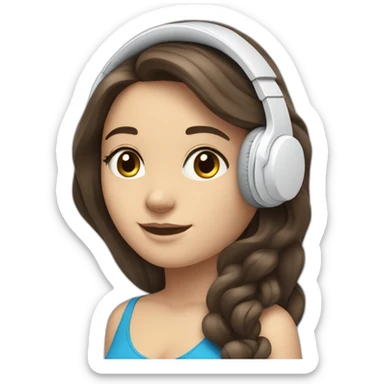 brunette white girl with long hair blue eyes listening to music with her phone in her hand with white wired headphones  sticker