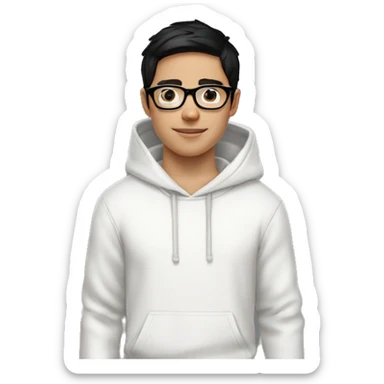 young white boy black hair white hoodie with glasses sticker