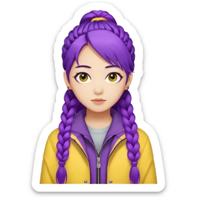 kpop hunters Rumi purple hair one large braid, asian, yellow jacket and wearing eyeliner sticker