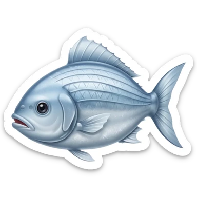 whole silver fish or fillet encased in a thin layer of frost, subtle ice crystals on the surface, slightly muted color tone, texture firm and chilled, clean defined contours, no packaging, tray, or garnish, soft lighting, subtle shadows, emoji scale sticker