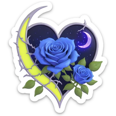 gothic heart made of stormy gray glass, silver crescent moon, navy blue roses, holographic stardust, neon yellow lightning, drenched and splintered glass sticker