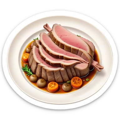 Roast Lamb Cinematic Realistic Roast Lamb Dish Emoji, depicted as thinly sliced roast lamb arranged artfully on a plate, rendered with rich textures and warm, inviting lighting. sticker