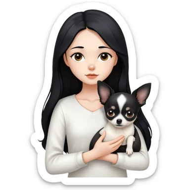 A girl with fair skin, long black hair, white clothes, gently, with her head tilted, holding a black Chihuahua tightly in her hands sticker