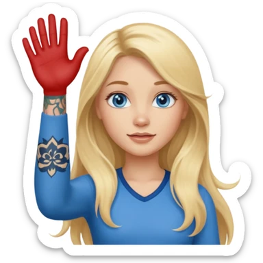 blonde girl with long hair blue eyes waving with tattoos sticker