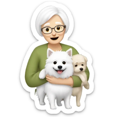grandma with blonde short hair hugs a white spitz dog sticker