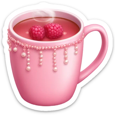 soft pink mug filled with steaming hot raspberry tea, decorated with blush pink pearl and sparkly embellishments (aesthetic, cute) sticker