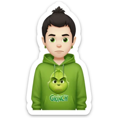 Create an avatar of white European with dark hair  male in hoodie with ``BST`` letters on it. Make background to look like from movie Grinch sticker