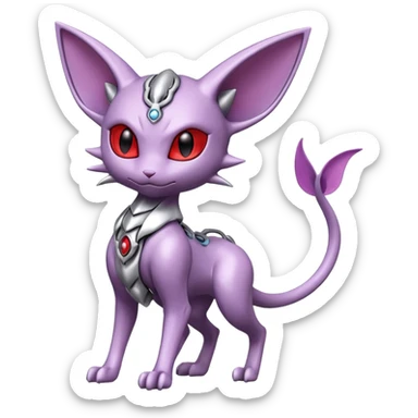 Mechanical Miraidon-Espeon-Mewtwo-Fakémon-hybrid-creature (full body)  with red eyes and intricate markings sticker