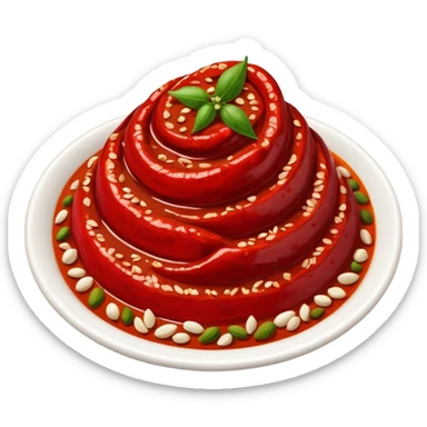 realistic harissa paste, dollop or swirl, deep red, thick textured, glossy, uneven, flecks of chili, spices, seeds, vibrant red to crimson, clean 3D, soft lighting, transparent background, emoji scale sticker