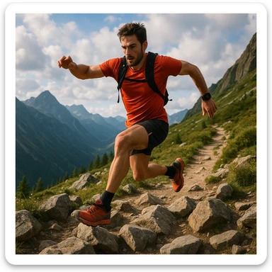 a mountain trail runner leaping over rocks, energetic, nature setting sticker