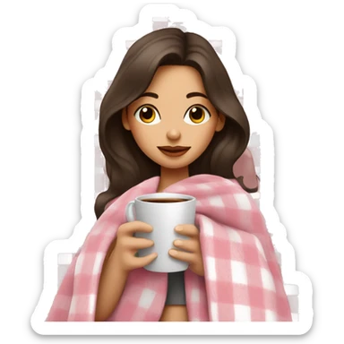 cute brunette girl wrapped in pastel pink plaid blanket drinking coffee sticker