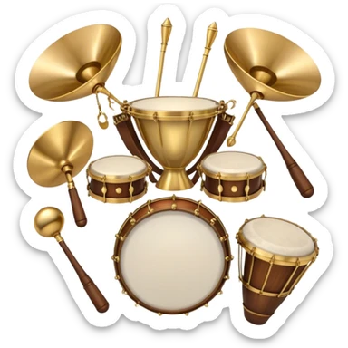 Create a heraldic, festive, and professional emblem-like emoji representing percussion instruments. The design should resemble a traditional crest, featuring a range of percussion instruments like cymbals, triangle, tambourine, maracas, timpani, and other traditional and folk percussion instruments. Arrange them symmetrically, with elements like cymbals crossing each other, a triangle at the center, and timpani or drums flanking the sides. The instruments should be depicted with metallic and wooden tones—shiny brass for cymbals, silver for the triangle, and rich wood or polished bronze for drums. Include ornate details like engraved patterns on the instruments, decorative swirls or laurels, and subtle accents to add elegance and festivity to the composition. The overall design should be cohesive, balanced, and visually striking, suitable for use as a prestigious emblem. The background should be transparent. sticker